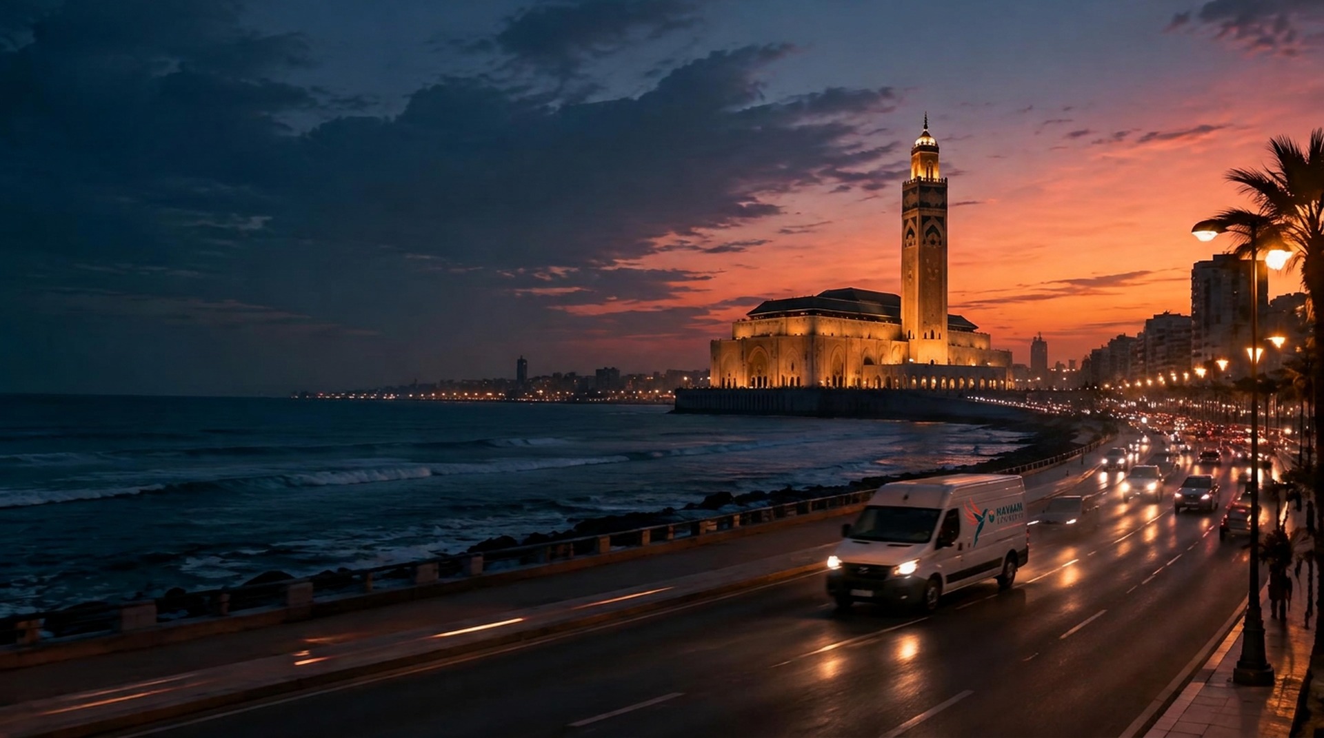 Casablanca la nuit avec routes de livraison dorées, vue aérienne Havana Express